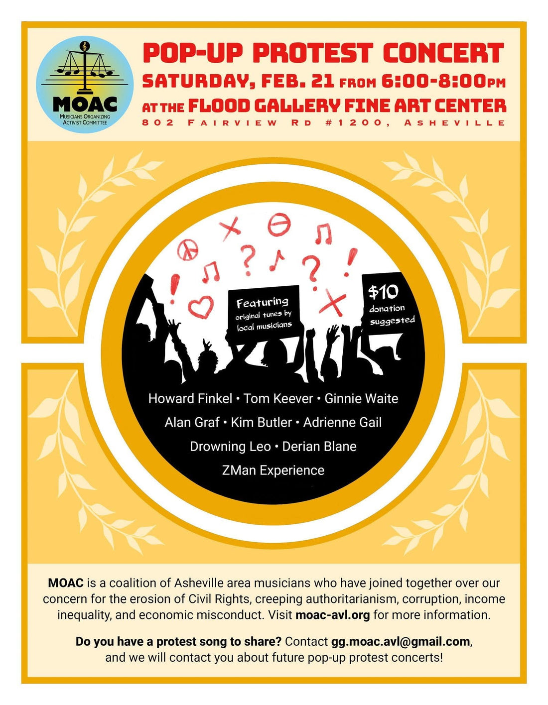 MOAC POP UP PROTEST CONCERT SATURDAY FEB 21 FROM 6 to 8 PM